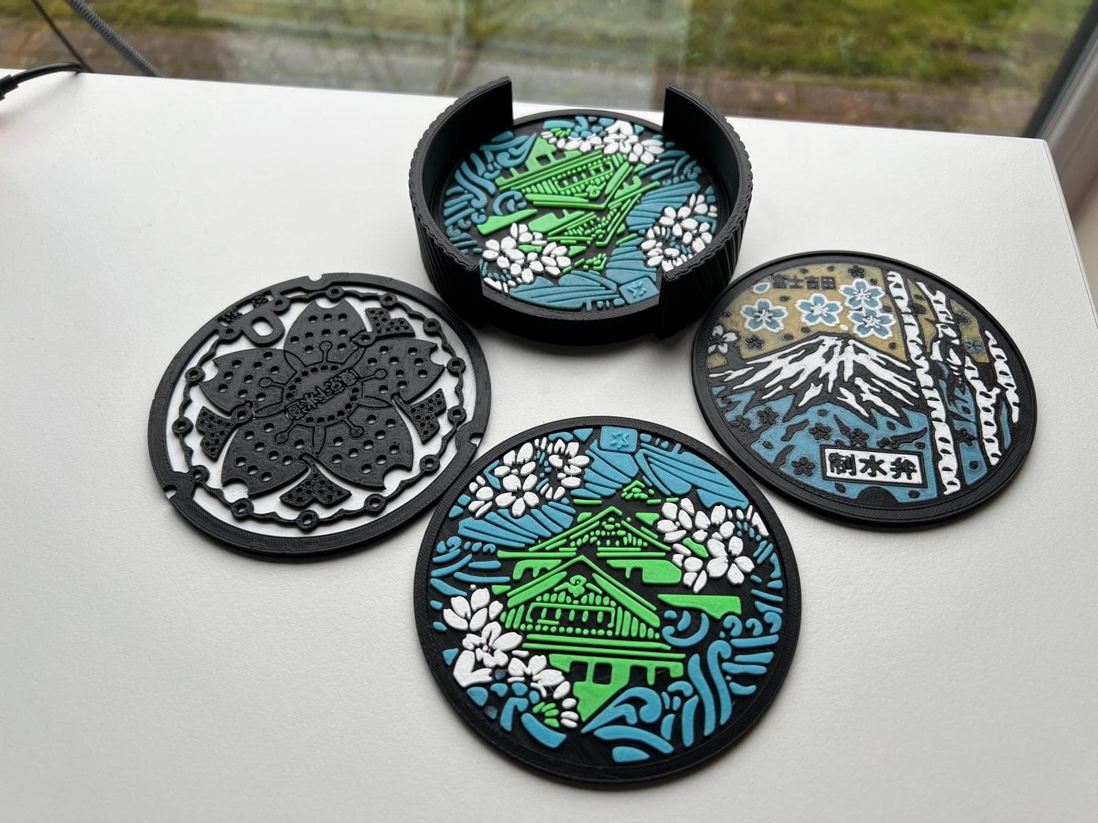 Japan Manhole Cover Art 3D Printed Coaster Set β 6 Pack with Holder